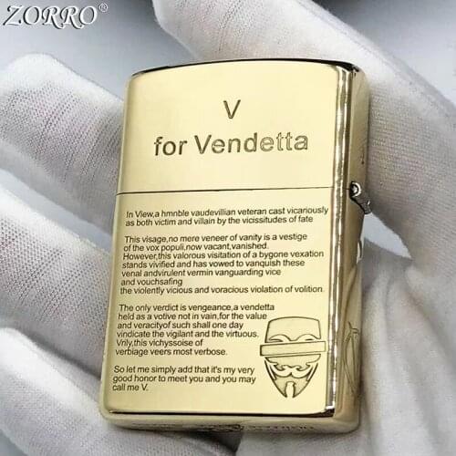 Zorro Pure Copper Kerosene Lighter Fine Carving Classic V Letter Pattern Brass Smoking Tool Gasoline Lighter With Gift Box