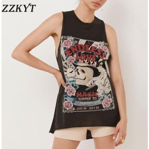 ZZKYT 2021 Women Summer Fashion Skulls Print T Shirt Vintage Casual Tops Tees O-neck Sleeveless Female Harajuku Ladies T-Shirts