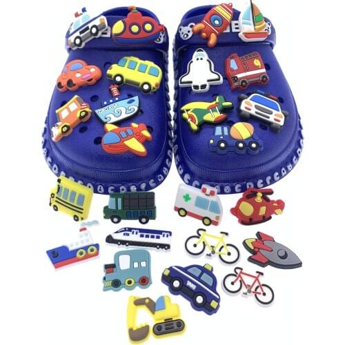 10PCS/Set Cars Transportation Shoes Charms PVC Soft Croc Buckle Airplane Bus Shoe Decoration Shoes Accessories Crafts