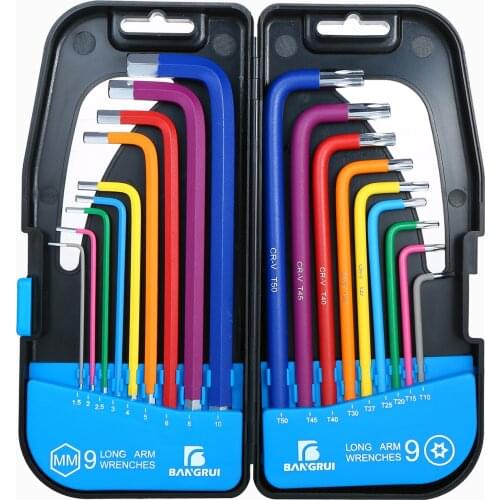 18PCS Multicolour L-Key Set Metric Star Long Arm Ball End Hex Key Set Chrome Vanadium Steel Industrial Grade Allen Wrench Set