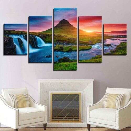 RELIABLI ART 5 panels Mountain River Landscape Picture Canvas Painting Wall Art Poster Print For living room Decorative Pictures