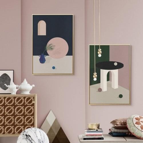 Nordic Geometric Building Abstract Poster Pink Vase Plant Canvas Painting Modern Print Picture Home Aisle Wall Art Decoration