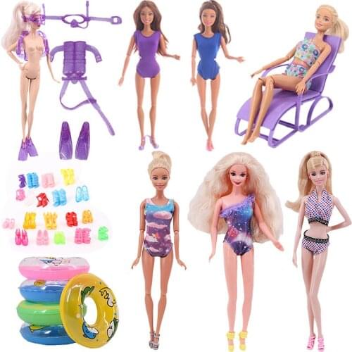 Doll Accessories= 5Swimsuits&1 Diving Blister Set&1 Random Swimming Ring&1 Purple Beach Chair&1bag Of Shoes (20 Pair)For Barbies