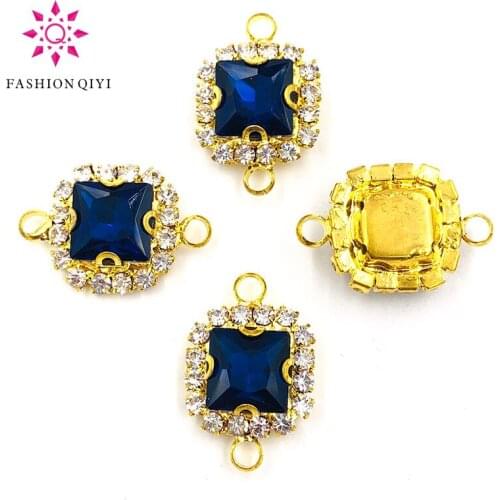 Free shipping Double loop sew on rhinestones Ink blue glass square shape gold base Crystal buckle DIY Wedding dress accessories