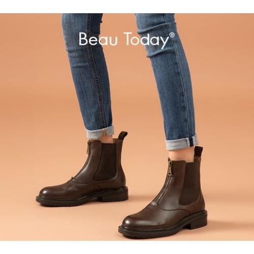 BeauToday Ankle Boots Chelsea Women Cow Leather Front Zipper Closure Round Toe Elastic Band Lady Flat Shoes Handmade 03703