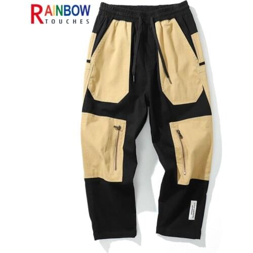 Rainbowtouches Men Fashion Retro Casual Splicing Solid Color Straight Cargo Zipper Pocket Pants Hip Hop High Street Trousers