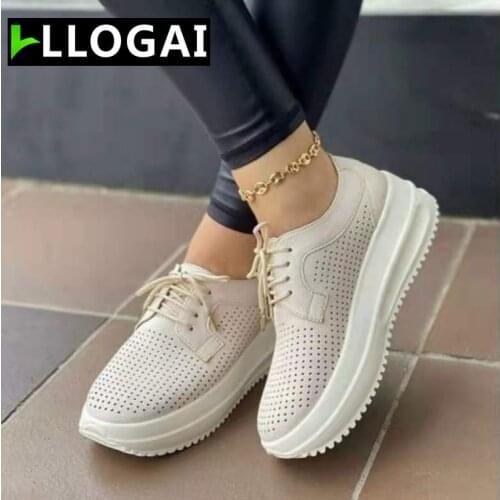 Platform Comfortable Sneakers Women Vulcanized Shoes Flat Fashion Casual Solid PU Hollow Breathable Mesg Strap Zapatillas Mujer