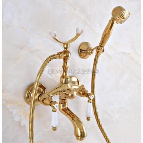 Gold Color Brass Bathroom Tub Faucet W/Hand Shower Sprayer Clawfoot Mixer Tap Wall Mounted lna964