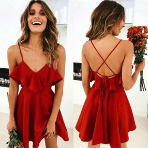 Summer Fashion Sexy Elegant Dress Red Ball Gown Dress for Evening Party Halter Open Back Drawstring L