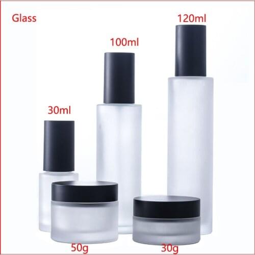 30/50/100/120ML frosted Transparent Empty glass bottle/Cream jar lotion pump Cosmetic Packing matt clean w black cap 50cc