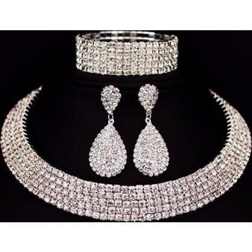 Hot Selling Bride Classic Rhinestone Crystal Choker Necklace Earrings And Bracelet Wedding Jewelry Sets Wedding Accessories