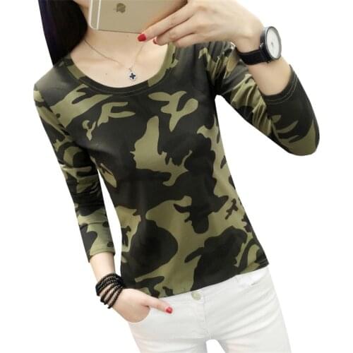 2017 New Style Women Autumn T Shirt Tees Long Sleeve Camouflage T-shirts Female Casual Army Military Print Tops Plus Size AB655