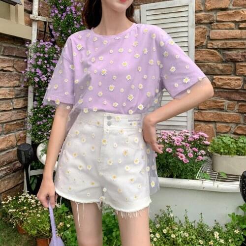 Very Fairy Mesh Small Daisy T-shirt Womens Short-sleeved Net Red Ins Design Sense Loose Fake Two-piece Half-sleeved Top Summer