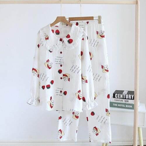 Spring/summer New Cotton Crepe Small Strawberry Doll Collar Pajamas Women Long Sleeve Trousers Loose Breathable Home Clothes