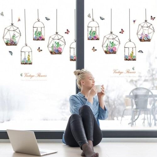 Romantic Succulent Plant Hanging Basket Wall Stickers Bedroom Living Room Decor Removable Decorative Window Glass Decoration