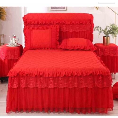 Wedding Lace Bed skirts Thicken Quilted Bedspread Bed sheet Pillowcases Cotton Warm Soft Princess Bedding Bed cover Home Textile