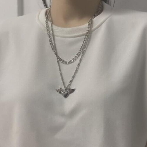 U-Magical Street Style Angel Metallic Wing Pendant Necklaces for Women Fashion Love Heart Chunky Chain Necklace Jewellery