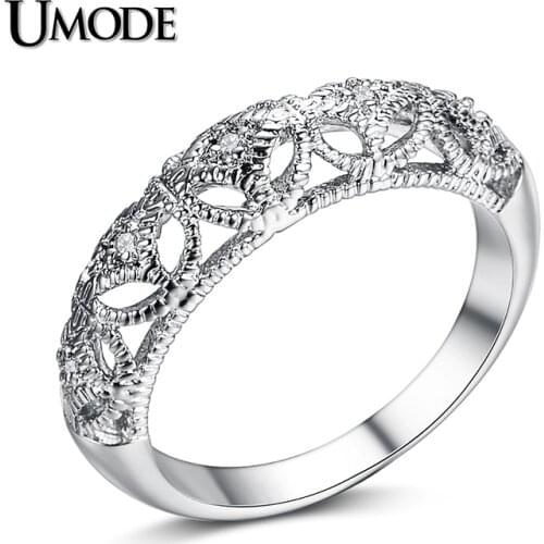 UMODE White Gold Color Top Grade Tiny Cubic Zirconia Carve Craft Filigree Band Rings for Women UR0129