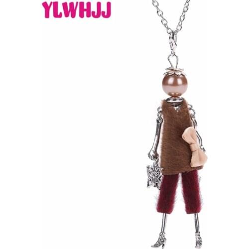 YLWHJJ new cute women brown long chain doll pendant girls necklace fashion statement jewelry baby princess butterf maxi necklace