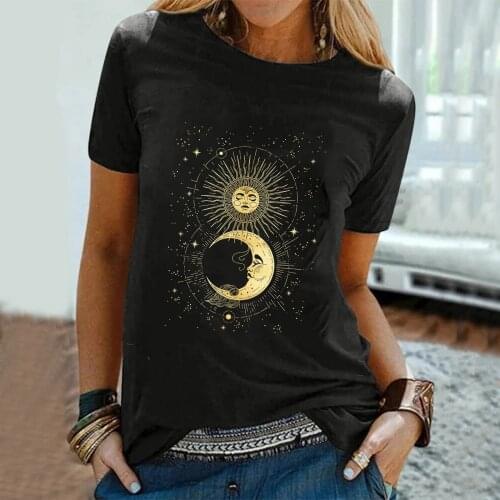 Vintage Printed T Shirt Women Sun Moon Star Graphic T-shirt Harajuku Tops Tee Short Sleeve Loose Tshirt Female Tshirts #T2P