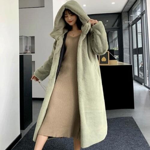 Women Faux Rabbit Hair Fur Overcoat Korean Hooded Mink Hair Long Jacket Large Sizes Loose Thick Warm Outerwear Tide