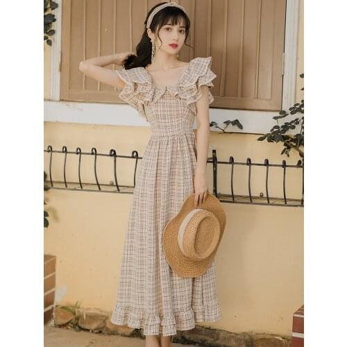 Japanese Cute College Style Dress Women 2021 Summer Ruffled Check Lovely Lady High Waist Midi Sweet Kawaii Dress