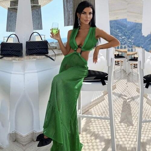 Women Cover-up Grid Swing Beach Dresses Sexy Fishnet Low Neck Metal Twist Bandage Cut-out Waist Back Zip Long Dress Clubwear