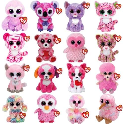 15 CM Pink Animal Series Ty Beanie Big Eyes Cute Cat Dog Bear Owl Koala Sloth Plush Toy Soft Stuffed Doll Boy Girl Lovely Gift