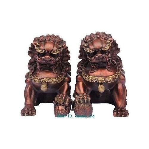 Large brass Small Large Pair Bronze Chinese Lion Foo Dog Statue Figure Sculpture Purple 6.5"H Decoration 100% Brass Bronze