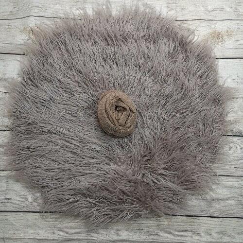 Dia=60cm Round Faux Fur Photography Blanket+140*30cm Stretch Knit Wrap for Newborn Photography Props