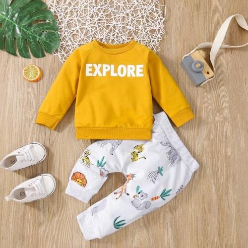 FOCUSNORM Autumn Baby Boys Causal Clothes Sets 2pcs Outfits 0-24M Letter Long Sleeve Sweatshirt Tops Animal Pants