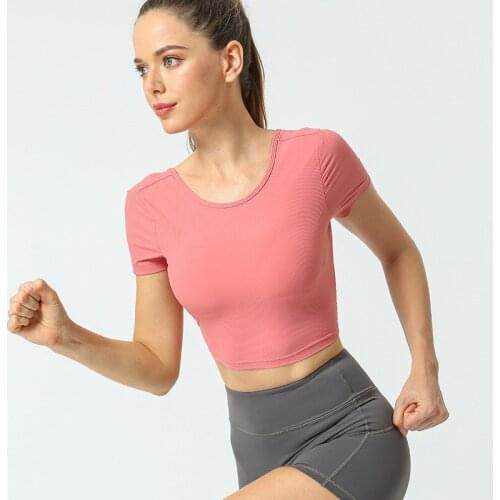 Yoga Short-Sleeve T-Shirt Womens Sexy Back Cross-Kink With Chest Pad Running Quick Dry Fitness Clothes Nude Tight Sports Top