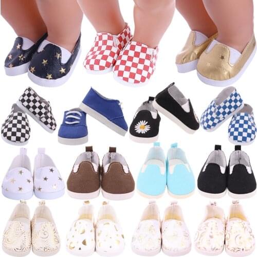 Doll Shoes Canvas Plaid/Star Sneakers Golden Pattern For 18 Inch American Doll & 43 Cm Reborn Baby Generation Baby Girls Gifts