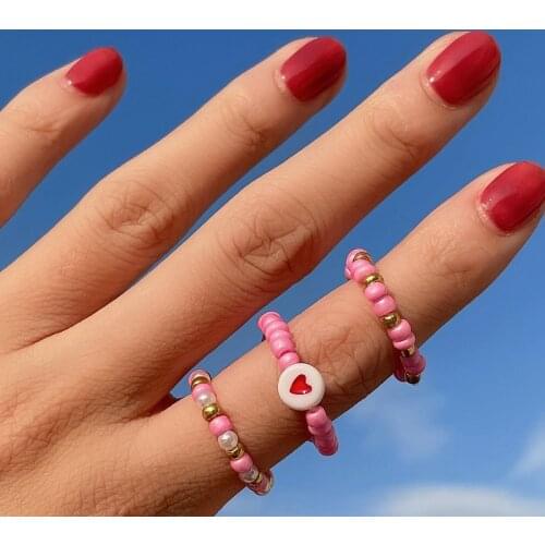 Sweet Pearl Beads Heart Rings for Women Girl Fashion Simple Rings Set Party Jewelry Gifts