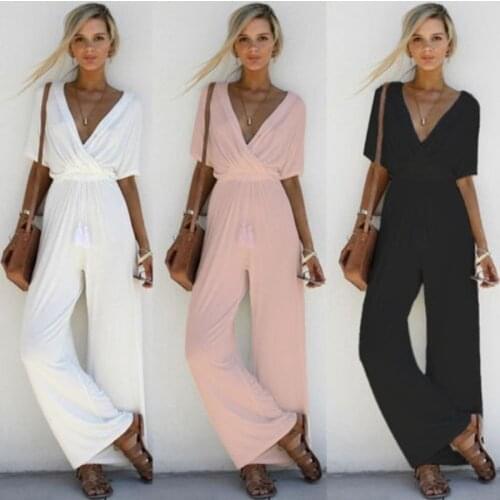 Womens Jumpsuit Sexy Cross Deep V Neck Half Sleeve Lace Up High Waist Wide Leg Pants Solid Elegant 2020 Autumn Chic Jumpsuits