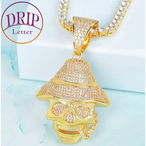 Smoking Skull Head Pendant Gold Color Bling Cubic Zircon Jewelry Mens Hip Hop Necklace Rock Chain