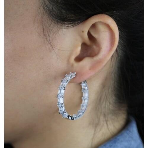 Iced Out Sparking Bling Cubic Zircon 5A Rectangle Baguette CZ Fashion Jewelry Medium Big 25mm 40mm Huggie Hoop Earring For Women