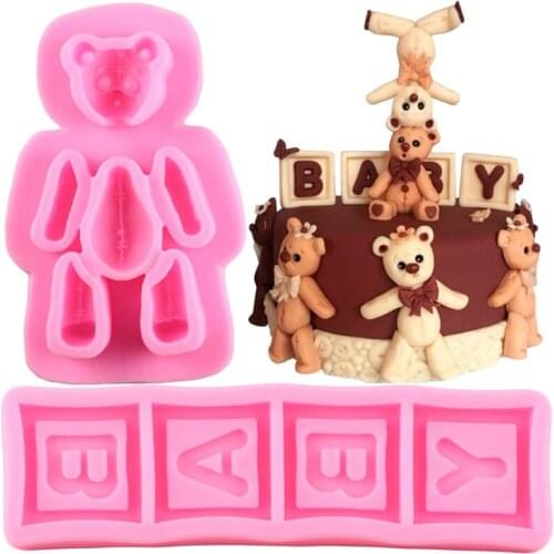Bear Baby Letters Silicone Molds Square Chocolate Candy Clay Mold DIY Baby Birthday Cupcake Topper Fondant Cake Decorating Tools
