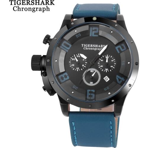 Men sport watches TIGERSHARK brand men quartz watch chronograph leather strap waterproof wristwatch with box Relogio Masculino