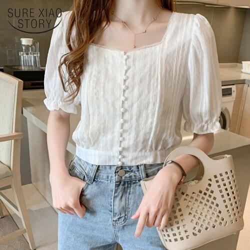 2021 Summer New Korean Tops Square Collar Lantern Sleeve Short Shirt Womens Short-Sleeve Shirt Summer Fashion Blouse All-match