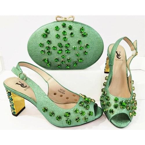 New Arrival Speical Narrow Band and Cross Style Italian Design Ladies Shoes and Bag Set 2021 Arican in Green Color for Party