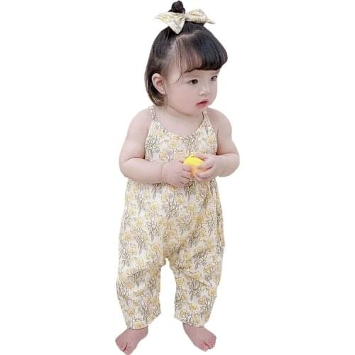 Toddler Baby Girl Floral Sling Overall Jumpsuit Rompers with Bowknot Headband 69HE