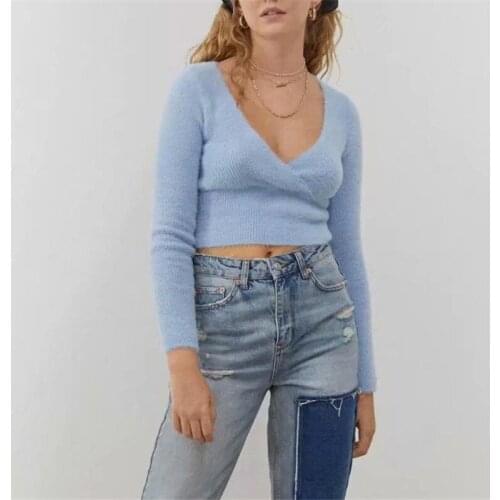 Fall long sleeve top korean style vintage v neck pullovers knitted sexy crop sweaters for women fashion cropped sweaters blue