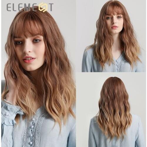 Element Long Natural Wave Hairstyle Synthetic Ombre Brown to Blonde Wigs with Air Bangs for White/Black Women Party