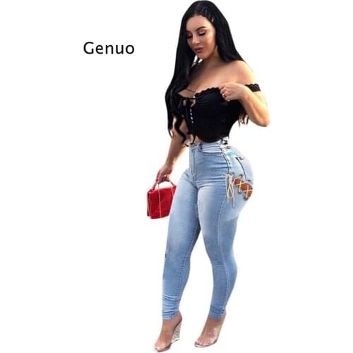 Sexy Outfit Women Pants Broeken Lace Up Skinny Jeans Woman High Waisted Jeans Streetwear Denim Jeggings