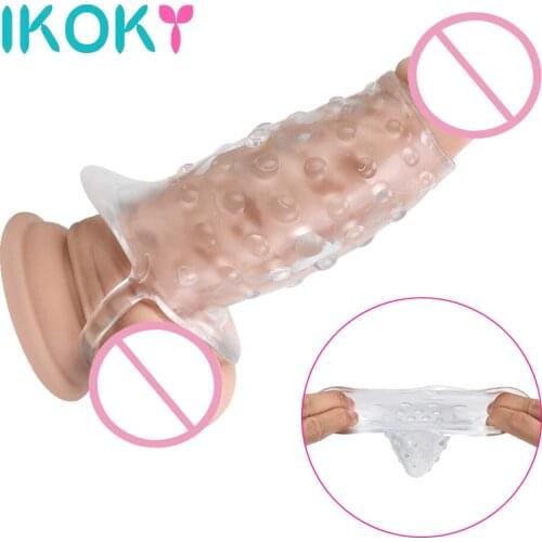 IKOKY Crystal Reusable Condom Dildo Enlargement Delayed Ejaculation Cock Ring Dick Extensions Penis Extender Sex Toys For Men