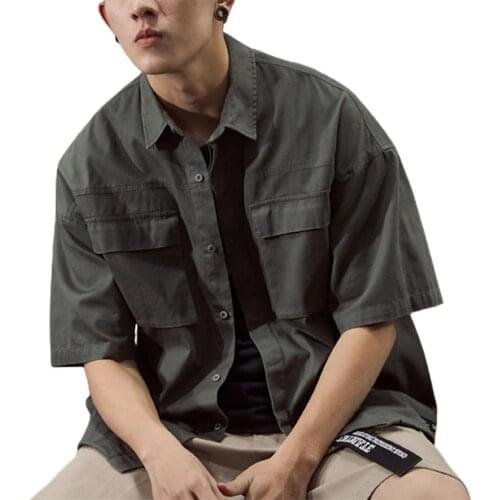 Summer Men Shirt Short Sleeve Pockets Solid Color Loose Buttons Shirt for School Vintage Summer Shirts Mens Clothing топ 2021