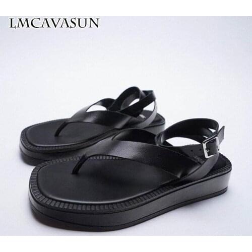 LMCAVASUN Summer Women Shoes Black Flat Leather Fashion Sandals Flip-flop ZA Lace-up Thick-soled Ankle Strap Sandals For Women