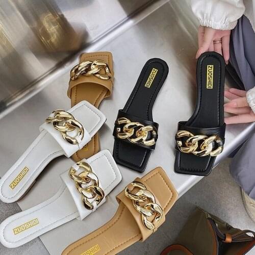 Metal Button Designer Slippers Women Shoes Square Toe Womens Slippers PU Ladies Shoes Summer Soft-soled Slides Flats Sandals