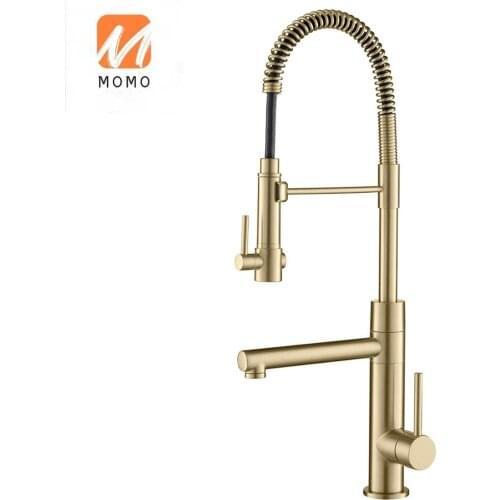New Deck Mounted Brushed Gold Pull Out Kitchen Faucet Spring Dual Spout Pull Down Mixer Tap